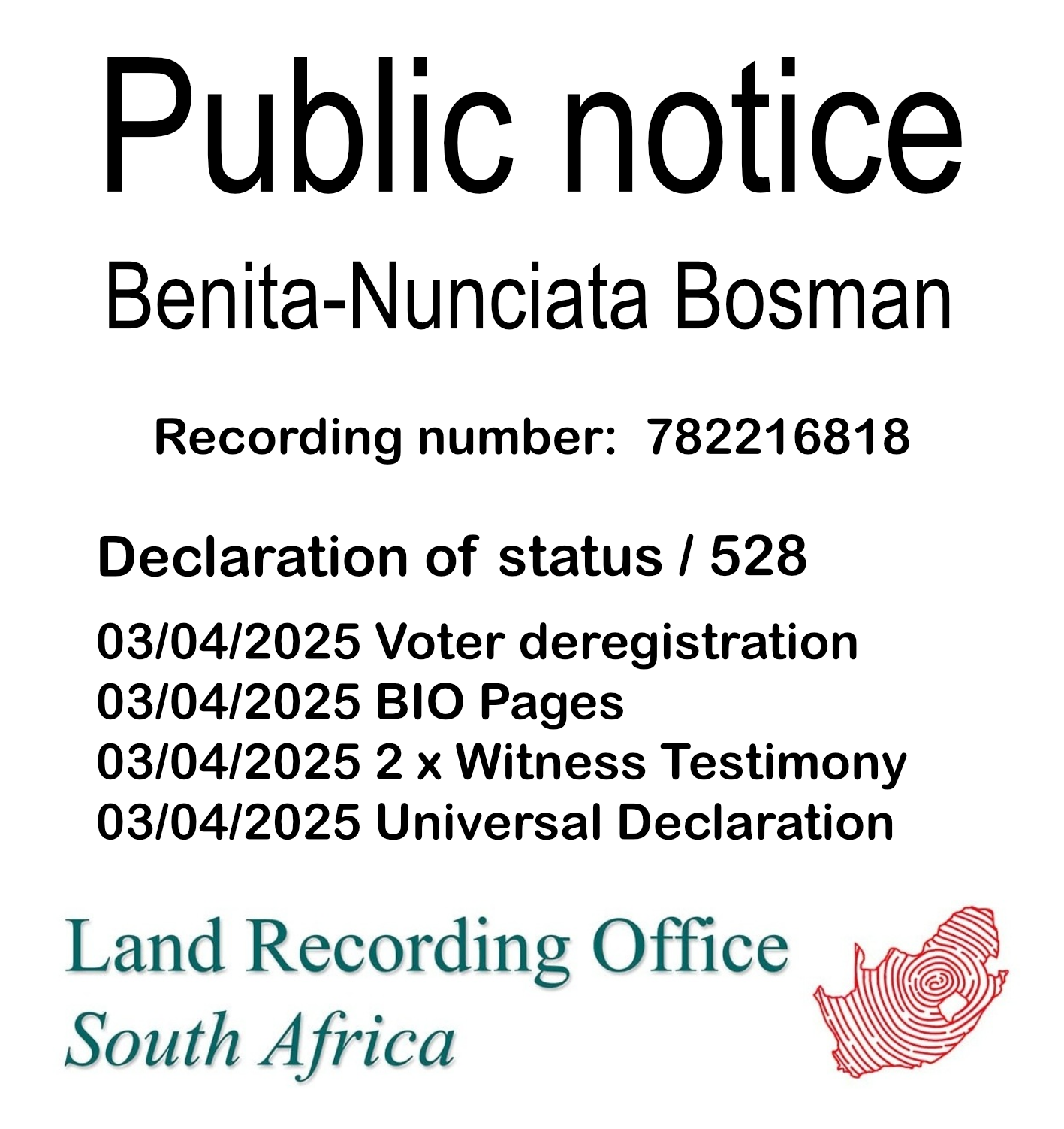Public Notice Benita-Nunciata Bosman (c) Recording number 782216818